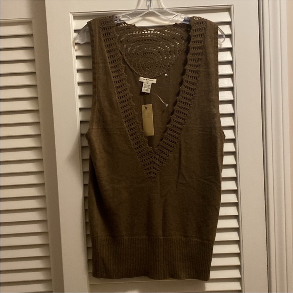 Vertigo Paris $160 NWT Angora Sleeveless Crochet Sweater Vest Tunic Olive Tan M - Picture 4 of 13